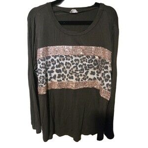 Fashion Women Green Leopard Print T-shirt Casual Long Sleeve Sequin Plus Size 3x